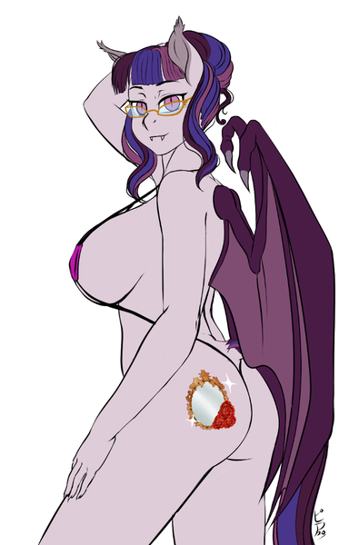 Size: 720x1093 | Tagged: questionable, artist:pia-sama, derpibooru import, oc, oc:antique rose, unofficial characters only, anthro, bat pony, anthro oc, ass, bat pony oc, bat wings, big breasts, bikini, breasts, butt, clothes, commission, digital art, ear piercing, fangs, female, gilf, glasses, grandmother, image, micro bikini, piercing, png, signature, simple background, slit eyes, smiling, solo, solo female, swimsuit, white background, wings