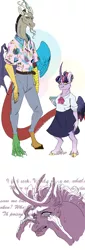 Size: 1000x2932 | Tagged: alicorn, anthro, artist:yesterdaysrunaway, bust, clothes, cloven hooves, curved horn, derpibooru import, discolight, discord, draconequus, female, height difference, horn, hybrid, interspecies offspring, male, oc, oc:mirage, offspring, parent:discord, parents:discolight, parent:twilight sparkle, safe, shipping, shirt, simple background, skirt, straight, twilight sparkle, twilight sparkle (alicorn), unguligrade anthro, white background