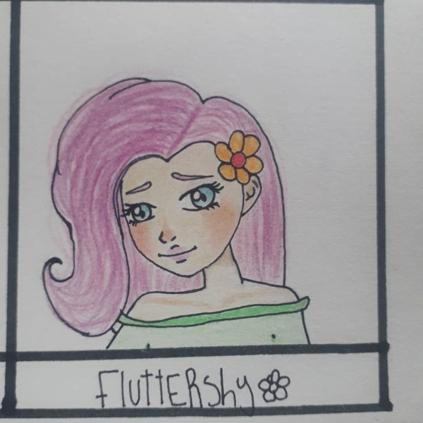 Size: 1080x1080 | Tagged: safe, alternate version, artist:neverland_0921, derpibooru import, fluttershy, human, blushing, bust, clothes, female, flower, flower in hair, humanized, smiling, solo, traditional art