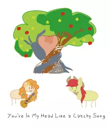Size: 5138x5913 | Tagged: safe, derpibooru import, bright mac, pear butter, the perfect pear, apple, apple tree, cute, food, guitar, intertwined trees, musical instrument, pear tree, simple background, tree, white background