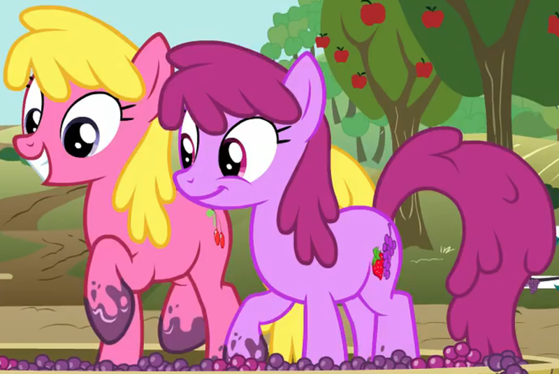 Size: 2014x1349 | Tagged: safe, derpibooru import, screencap, berry punch, berryshine, cherry berry, earth pony, pony, on your marks, background pony, berrybetes, cherrybetes, cropped, cute, duo, female, food, grape stomping, grapes, mare, stomping