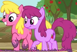 Size: 2014x1349 | Tagged: safe, derpibooru import, screencap, berry punch, berryshine, cherry berry, earth pony, pony, on your marks, background pony, berrybetes, cherrybetes, cropped, cute, duo, female, food, grapes, grape stomping, mare, stomping