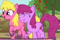 Size: 2084x1393 | Tagged: safe, derpibooru import, screencap, berry punch, berryshine, cherry berry, earth pony, pony, on your marks, background pony, berrybetes, cherrybetes, cropped, cute, duo, female, food, grapes, grape stomping, mare, stomping