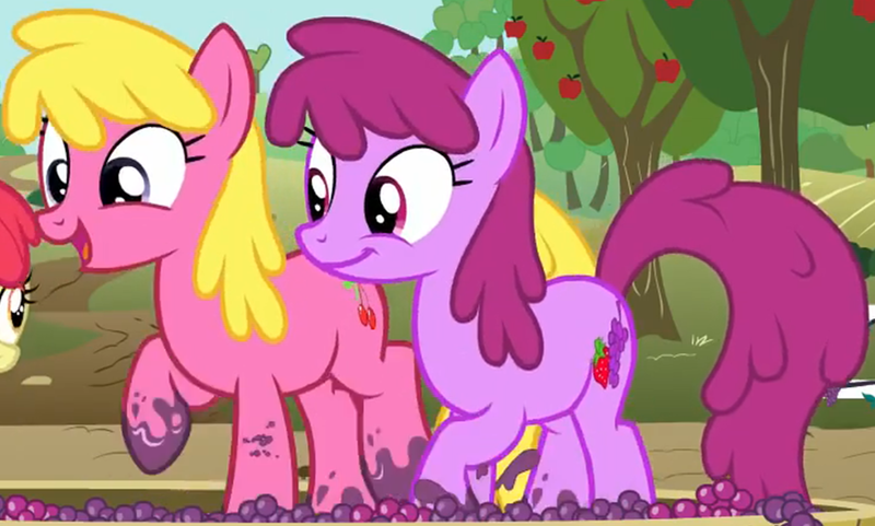 Size: 2564x1543 | Tagged: safe, derpibooru import, screencap, apple bloom, berry punch, berryshine, cherry berry, earth pony, pony, on your marks, background pony, berrybetes, cherrybetes, cropped, cute, duo, duo focus, female, food, grape stomping, grapes, mare, open mouth, stomping