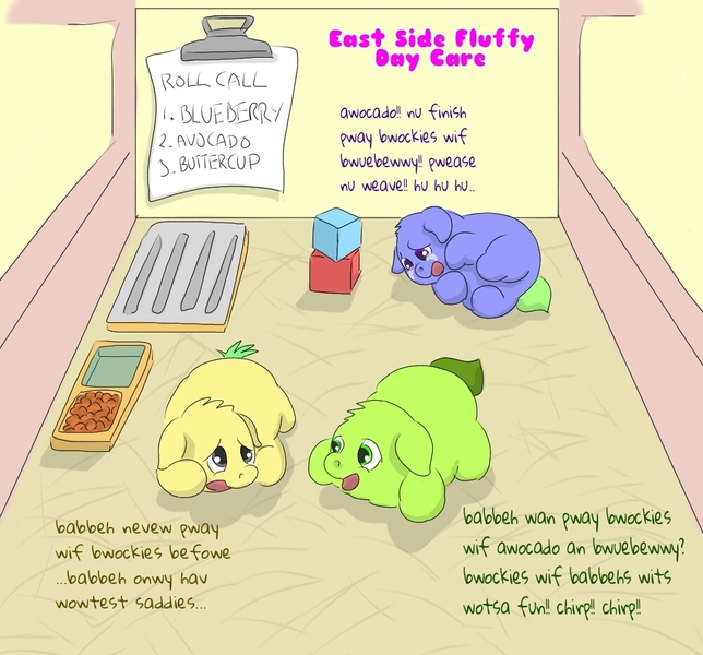 Size: 1000x932 | Tagged: safe, artist:carpdime, derpibooru import, oc, oc:avocado, oc:blueberry, oc:buttercup, unofficial characters only, fluffy pony, fluffspeak, fluffy pony foal, fluffy pony original art, foal, image, jpeg