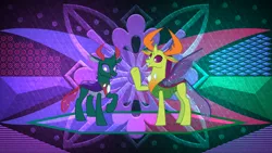 Size: 3840x2160 | Tagged: safe, artist:jhayarr23, artist:laszlvfx, artist:sketchmcreations, derpibooru import, edit, pharynx, thorax, changedling, changeling, changedling brothers, king thorax, prince pharynx, wallpaper, wallpaper edit