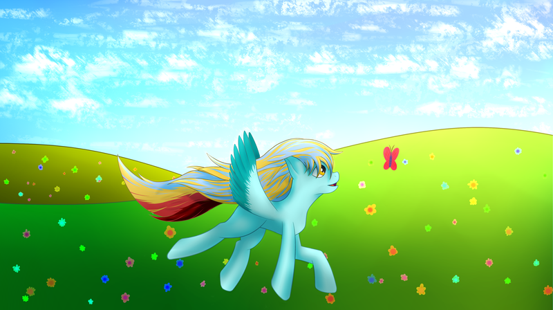 Size: 3920x2196 | Tagged: safe, artist:sane, derpibooru import, oc, butterfly, insect, pegasus, happy, pegasus oc, running, solo, wings