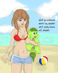 Size: 878x1101 | Tagged: absolute cleavage, artist:carpdime, beach, belly button, bikini, bikini top, breasts, cleavage, clothes, cute, derpibooru import, fluffy pony, hugbox, human, oc, oc:avocado, safe, shorts, sports shorts, swimsuit, unofficial characters only
