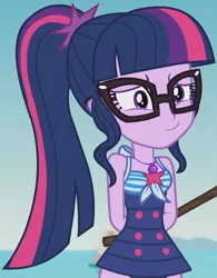 Size: 1126x1447 | Tagged: safe, derpibooru import, screencap, sci-twi, twilight sparkle, equestria girls, equestria girls series, friendship math, clothes, cropped, cute, embarrassed, female, geode of telekinesis, glasses, magical geodes, one-piece swimsuit, ponytail, sci-twi swimsuit, sleeveless, solo, swimsuit, twiabetes