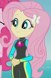 Size: 916x1395 | Tagged: safe, derpibooru import, screencap, fluttershy, pinkie pie, equestria girls, equestria girls series, unsolved selfie mysteries, beach, clothes, cropped, cute, diving suit, female, geode of fauna, magical geodes, shyabetes, solo focus, swimsuit, wetsuit