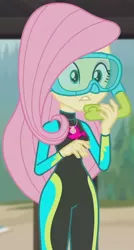 Size: 824x1541 | Tagged: safe, derpibooru import, screencap, fluttershy, equestria girls, equestria girls series, unsolved selfie mysteries, beach, clothes, cropped, cute, diving goggles, diving suit, female, geode of fauna, magical geodes, shyabetes, snorkel, solo, swimsuit, wetsuit