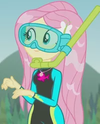 Size: 1212x1509 | Tagged: safe, derpibooru import, screencap, fluttershy, equestria girls, equestria girls series, unsolved selfie mysteries, beach, clothes, cropped, cute, diving goggles, diving suit, female, geode of fauna, magical geodes, shyabetes, snorkel, solo, swimsuit, wet hair, wetsuit