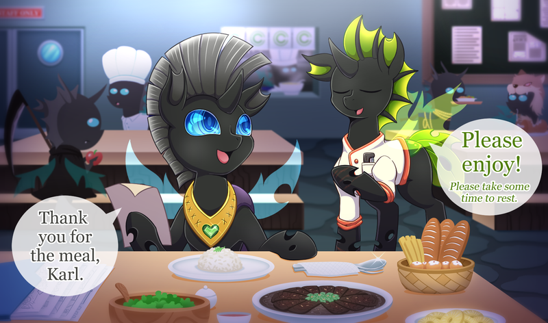 Size: 1696x1000 | Tagged: safe, artist:vavacung, derpibooru import, oc, oc:karl the changeling, oc:loveless nova, changeling, chef, chef outfit, chef's hat, female, food, green changeling, hat, male, scythe