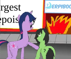 Size: 2549x2139 | Tagged: safe, artist:anonymous, derpibooru import, twilight sparkle, oc, oc:anonfilly, earth pony, pony, unicorn, art pack:marenheit 451, derpibooru, the end of derpibooru, /mlp/, and nothing of value was lost, butt, duo, female, filly, fire, mare, meta, plot, the critic, unicorn twilight