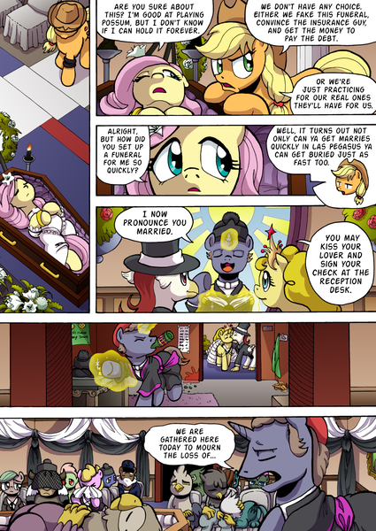 Size: 1204x1700 | Tagged: safe, artist:tarkron, derpibooru import, applejack, fluttershy, oc, earth pony, gryphon, pegasus, unicorn, yak, comic:what happens in las pegasus, applejack is not amused, casket, covered eyes, crying, eyes closed, fake death, funeral, hand on head, insurance fraud, kissing, magic, marriage, need to pee, nose blowing, one eye closed, one eye open, playing dead, potty time, priest, sailor, telekinesis, tissue, unamused, wedding