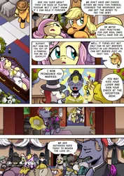 Size: 1204x1700 | Tagged: safe, artist:tarkron, derpibooru import, applejack, fluttershy, oc, earth pony, gryphon, pegasus, unicorn, yak, comic:what happens in las pegasus, applejack is not amused, casket, covered eyes, crying, eyes closed, fake death, funeral, hand on head, insurance fraud, kissing, magic, marriage, need to pee, nose blowing, one eye closed, one eye open, playing dead, potty time, priest, sailor, telekinesis, tissue, unamused, wedding
