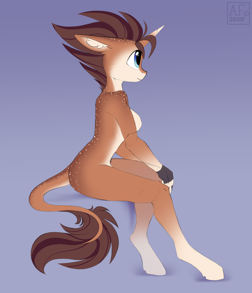 Size: 3195x3706 | Tagged: safe, artist:airfly-pony, derpibooru import, oc, oc:case, unofficial characters only, anthro, unguligrade anthro, unicorn, breasts, ear fluff, featureless breasts, female, floppy ears, gradient background, horn, leonine tail, nudity, sitting, sketchy, solo, unicorn oc