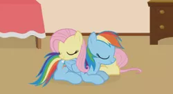 Size: 496x270 | Tagged: safe, artist:forgalorga, derpibooru import, fluttershy, rainbow dash, cat, cat pony, original species, pegasus, pony, behaving like a cat, eyes closed, female, sleeping, your little pets