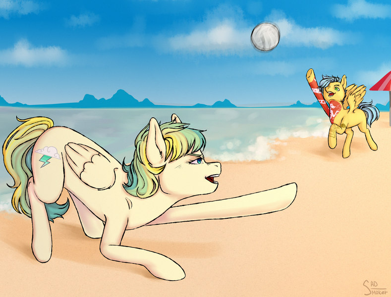 Size: 3000x2280 | Tagged: safe, artist:sad_smoker, derpibooru import, oc, oc:cloudy zap, oc:sora seeds, unofficial characters only, pegasus, pony, icey-verse, ball, beach, commission, duo, ear piercing, earring, eyebrow piercing, female, jewelry, magical gay spawn, mare, multicolored hair, offspring, open mouth, parent:braeburn, parent:sky stinger, parent:soarin', parent:vapor trail, parents:soarburn, parents:vaporsky, piercing, raised hoof, raised leg, sand, sports, summer, tattoo, umbrella, underhoof, volleyball, water, ych result