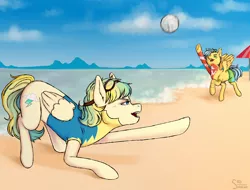 Size: 3000x2280 | Tagged: safe, alternate version, artist:sad_smoker, derpibooru import, oc, oc:cloudy zap, oc:sora seeds, unofficial characters only, pegasus, pony, icey-verse, ball, beach, clothes, commission, duo, ear piercing, earring, eyebrow piercing, female, goggles, jewelry, magical gay spawn, mare, multicolored hair, offspring, open mouth, parent:braeburn, parent:sky stinger, parent:soarin', parent:vapor trail, parents:soarburn, parents:vaporsky, piercing, raised hoof, raised leg, sand, shorts, sports, summer, swimming trunks, tattoo, trunks, umbrella, underhoof, uniform, volleyball, water, wonderbolt trainee uniform, wonderbolts, ych result