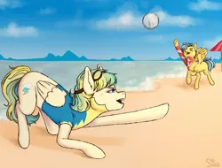 Size: 3000x2280 | Tagged: safe, alternate version, artist:sad_smoker, derpibooru import, oc, oc:cloudy zap, oc:sora seeds, unofficial characters only, pegasus, pony, icey-verse, ball, beach, clothes, commission, duo, ear piercing, earring, eyebrow piercing, female, goggles, jewelry, magical gay spawn, mare, multicolored hair, offspring, open mouth, parent:braeburn, parent:sky stinger, parent:soarin', parent:vapor trail, parents:soarburn, parents:vaporsky, piercing, raised hoof, raised leg, sand, sports, summer, tattoo, umbrella, underhoof, uniform, volleyball, water, wonderbolt trainee uniform, wonderbolts, ych result