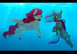 Size: 2168x1513 | Tagged: safe, artist:nyota71, derpibooru import, oc, oc:frosty, oc:kat, pegasus, pony, unicorn, bubble, colored hooves, colored pupils, commission, diving, female, looking at you, mare, one eye closed, scuba, scuba diving, stripes, swimming, under the sea, underwater, water