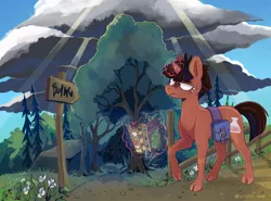 Size: 1622x1200 | Tagged: safe, artist:sepistys, derpibooru import, oc, unofficial characters only, pony, unicorn, bag, cloud, cloven hooves, crepuscular rays, fence, flower, forest, map, road sign, saddle bag, solo, tree