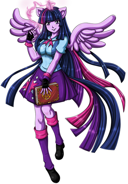 Size: 4755x6856 | Tagged: safe, artist:konsennin, derpibooru import, twilight sparkle, twilight sparkle (alicorn), alicorn, fighting is magic, equestria girls, book, breasts, clothes, female, fingerless gloves, gloves, glowing hands, glowing horn, horn, magic, shoes, simple background, socks, solo, stockings, thigh highs, white background