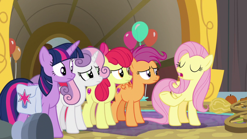 Size: 1920x1080 | Tagged: safe, derpibooru import, screencap, apple bloom, fluttershy, scootaloo, sweetie belle, twilight sparkle, alicorn, growing up is hard to do, bag, cutie mark, cutie mark crusaders, older, saddle bag, the cmc's cutie marks, twilight sparkle (alicorn)