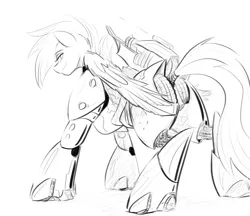 Size: 1480x1279 | Tagged: safe, artist:testostepone, derpibooru import, oc, oc:silverstring, pegasus, pony, armor, black and white, butt, female, grayscale, looking at you, monochrome, plot, power armor, sketch, solo