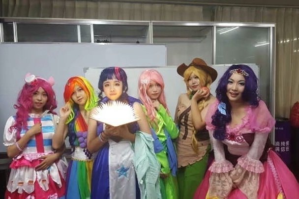 Size: 608x405 | Tagged: safe, derpibooru import, applejack, fluttershy, pinkie pie, rainbow dash, rarity, twilight sparkle, human, equestria girls, beijing, china, china ponycon, clothes, cosplay, costume, irl, irl human, mane six, photo