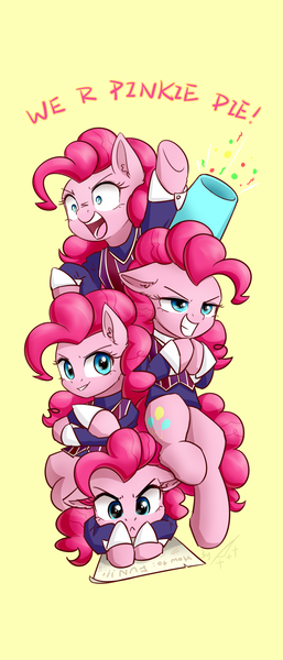 Size: 1800x4200 | Tagged: safe, artist:astery, derpibooru import, pinkie pie, earth pony, pony, too many pinkie pies, :<, clone, crossover, lazytown, meme, parody, pinkie clone, robbie rotten, wallpaper, we are number one