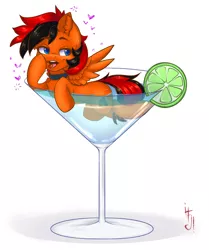 Size: 1600x1916 | Tagged: safe, artist:falafeljake, derpibooru import, oc, oc:winged whisper, pegasus, pony, cherry, collar, cup, cup of pony, food, heart, lime, martini glass, micro, solo