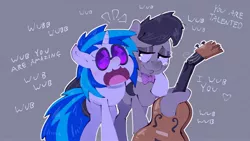 Size: 1920x1080 | Tagged: safe, artist:another_pony, derpibooru import, octavia melody, vinyl scratch, earth pony, pony, unicorn, bowtie, broken instrument, cello, cute, dialogue, female, gray background, heart, hoof around neck, hug, i wub you, lesbian, mare, musical instrument, open mouth, scratchtavia, shipping, simple background, tavibetes, teary eyes, vinylbetes, wub