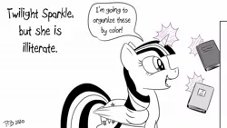 Size: 1200x675 | Tagged: safe, artist:pony-berserker, derpibooru import, twilight sparkle, twilight sparkle (alicorn), alicorn, pony, black and white, book, bookshelf, cursed image, female, grayscale, i never learned to read, illiteracy, illiterate, impossible, levitation, magic, mare, monochrome, neo noir, partial color, pony-berserker's twitter sketches, speech bubble, stippling, telekinesis