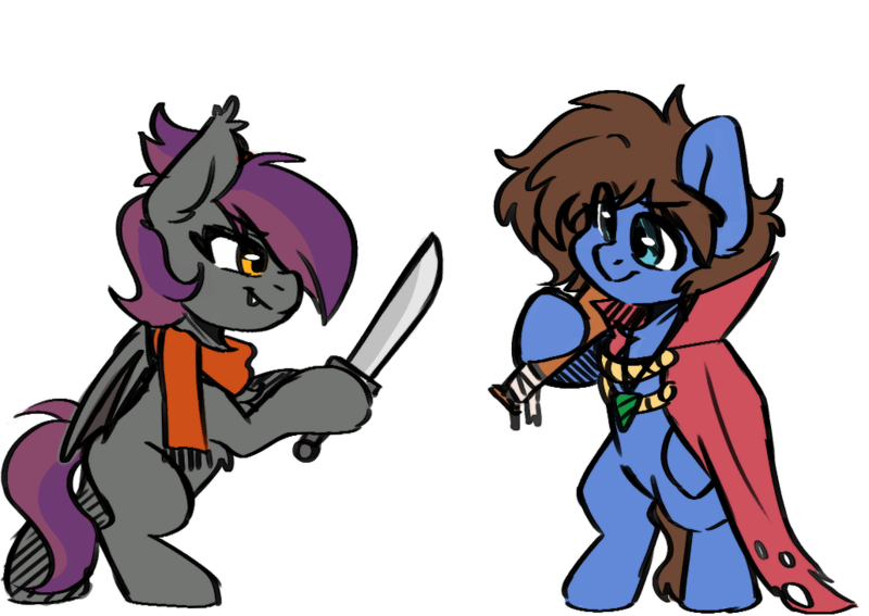 Size: 1031x731 | Tagged: safe, artist:cottonsweets, derpibooru import, oc, oc:anneal, oc:bizarre song, unofficial characters only, bat pony, pegasus, pony, baseball bat, bat pony oc, bat wings, broken horn, cape, chibi, clothes, female, horn, male, mare, simple background, stallion, sword, transparent background, weapon, wings