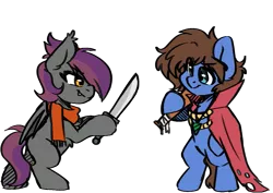 Size: 1031x731 | Tagged: safe, artist:cottonsweets, derpibooru import, oc, oc:anneal, oc:bizarre song, unofficial characters only, bat pony, pegasus, pony, baseball bat, bat pony oc, bat wings, broken horn, cape, chibi, clothes, female, horn, male, mare, simple background, stallion, sword, transparent background, weapon, wings