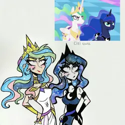 Size: 2132x2139 | Tagged: safe, artist:citi, derpibooru import, screencap, princess celestia, princess luna, alicorn, human, princess twilight sparkle (episode), bag, breasts, busty princess celestia, clothes, dress, goth, hand on hip, humanized, saddle bag, scene interpretation, screencap reference, side slit, starry hair