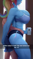 Size: 563x1000 | Tagged: suggestive, artist:maarthul, derpibooru import, rainbow dash, anthro, human, amazon, amazonian, ambiguous penetration, ass, big breasts, breast overpour, breasts, busty rainbow dash, butt, faceless female, faceless human, faceless male, female, femdom, grinding, huge breasts, human on anthro action, impossibly large breasts, interspecies, larger female, male, muscles, muscular female, obscured penetration, offscreen character, rainbuff dash, rainbutt dash, sexy, size difference, smaller male, snapchat, straight, stupid sexy rainbow dash, this will end in snu snu, tongue out