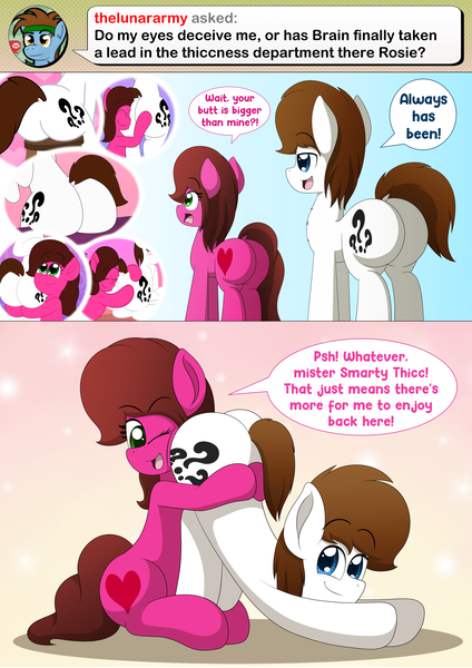 Size: 2460x3480 | Tagged: safe, artist:aarondrawsarts, derpibooru import, oc, oc:brain teaser, oc:rose bloom, unofficial characters only, earth pony, always has been, ask, ask brain teaser, ass worship, brainbloom, butt, butthug, female, hug, male, meme, oc x oc, plot, shipping, straight, the ass was fat, tumblr