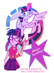 Size: 600x800 | Tagged: safe, artist:twilightcomet, derpibooru import, sci-twi, twilight sparkle, twilight sparkle (alicorn), alicorn, pony, equestria girls, clothes, duo, female, flying, glowing horn, horn, human ponidox, mare, self ponidox, simple background, skirt, smiling, text, transparent background, twolight