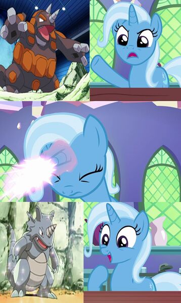 Size: 1024x1714 | Tagged: safe, artist:thetrainmrmenponyfan, derpibooru import, edit, edited screencap, screencap, trixie, rhydon, all bottled up, crossover, exploitable meme, meme, pokémon, rhyperior, trixie fixing meme