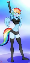 Size: 1024x2176 | Tagged: safe, artist:ramoncrimson935, derpibooru import, rainbow dash, anthro, pegasus, plantigrade anthro, adorasexy, arm behind head, armpits, belly button, blushing, breasts, cleavage, clothes, cute, female, midriff, sexy, shorts, socks, solo, sports bra, sports shorts, stretching, stupid sexy rainbow dash, thigh highs