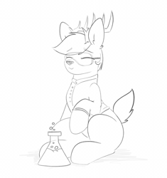 Size: 527x560 | Tagged: safe, artist:itsmeelement, derpibooru import, oc, oc:calpain, unofficial characters only, deer, animated, antlers, black and white, clothes, cute, flask, grayscale, lab coat, male, monochrome, science, smiling, solo, tail wag