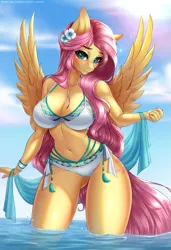 Size: 2881x4202 | Tagged: suggestive, alternate version, artist:anxiety-chan, derpibooru import, fluttershy, anthro, pegasus, belly button, big breasts, bikini, breasts, busty fluttershy, clothes, female, flower, flower in hair, image, looking at you, ocean, png, sarong, sexy, solo, solo female, spread wings, stupid sexy fluttershy, summer, swimsuit, wings