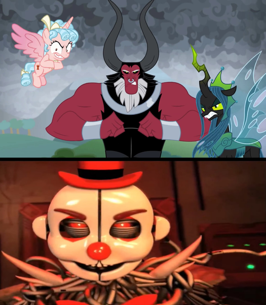 Size: 2912x3328 | Tagged: safe, derpibooru import, edit, edited screencap, screencap, cozy glow, lord tirek, queen chrysalis, season 9, the ending of the end, spoiler:s09, 3d, cringing, death horse, derpy horse4, end of the memeverse, ennard, five nights at freddy's, red eyes, scott cawthon, source filmmaker