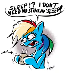 Size: 904x1024 | Tagged: safe, artist:tobibrocki, derpibooru import, rainbow dash, pegasus, pony, bloodshot eyes, coffee, female, sleep is for the weak, solo