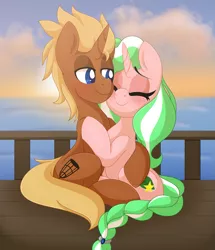Size: 1761x2047 | Tagged: safe, artist:pearlyiridescence, derpibooru import, oc, oc:honeydew, oc:scuffle, unofficial characters only, pony, unicorn, fanfic:magic of the heart, blushing, braided tail, cuddling, cute, deck, duo, eyes closed, female, freckles, hug, male, mare, ocean, ship, shipping, smiling, stallion, straight, sunrise