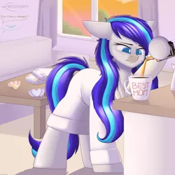 Size: 3000x3000 | Tagged: safe, artist:xcinnamon-twistx, derpibooru import, oc, oc:hooklined, unofficial characters only, earth pony, alcohol, bags under eyes, clothes, coffee, commission, couch, cup, curtains, diaper, messy mane, mug, pacifier, robe, sunrise, table, this will lead to alcoholism, tired, whiskey