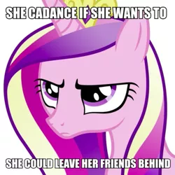 Size: 621x622 | Tagged: safe, artist:stabzor, derpibooru import, princess cadance, alicorn, pony, cadance is not amused, caption, female, frown, image macro, mare, men without hats, name pun, pun, safety dance, simple background, solo, song reference, text, unamused